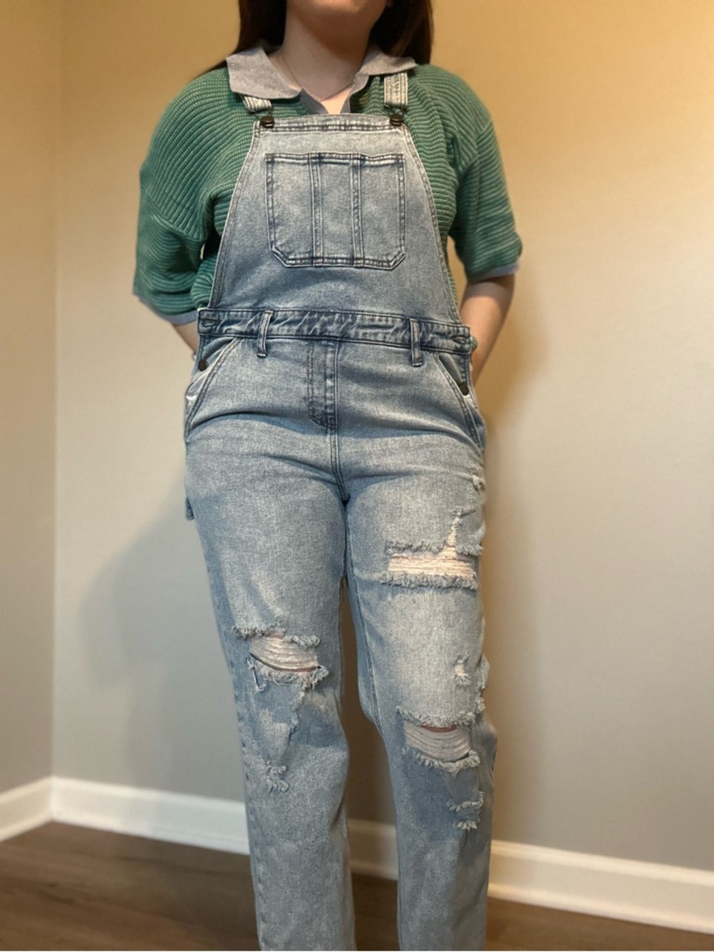 love, Fire Light Blue Distressed Denim Overalls Size M